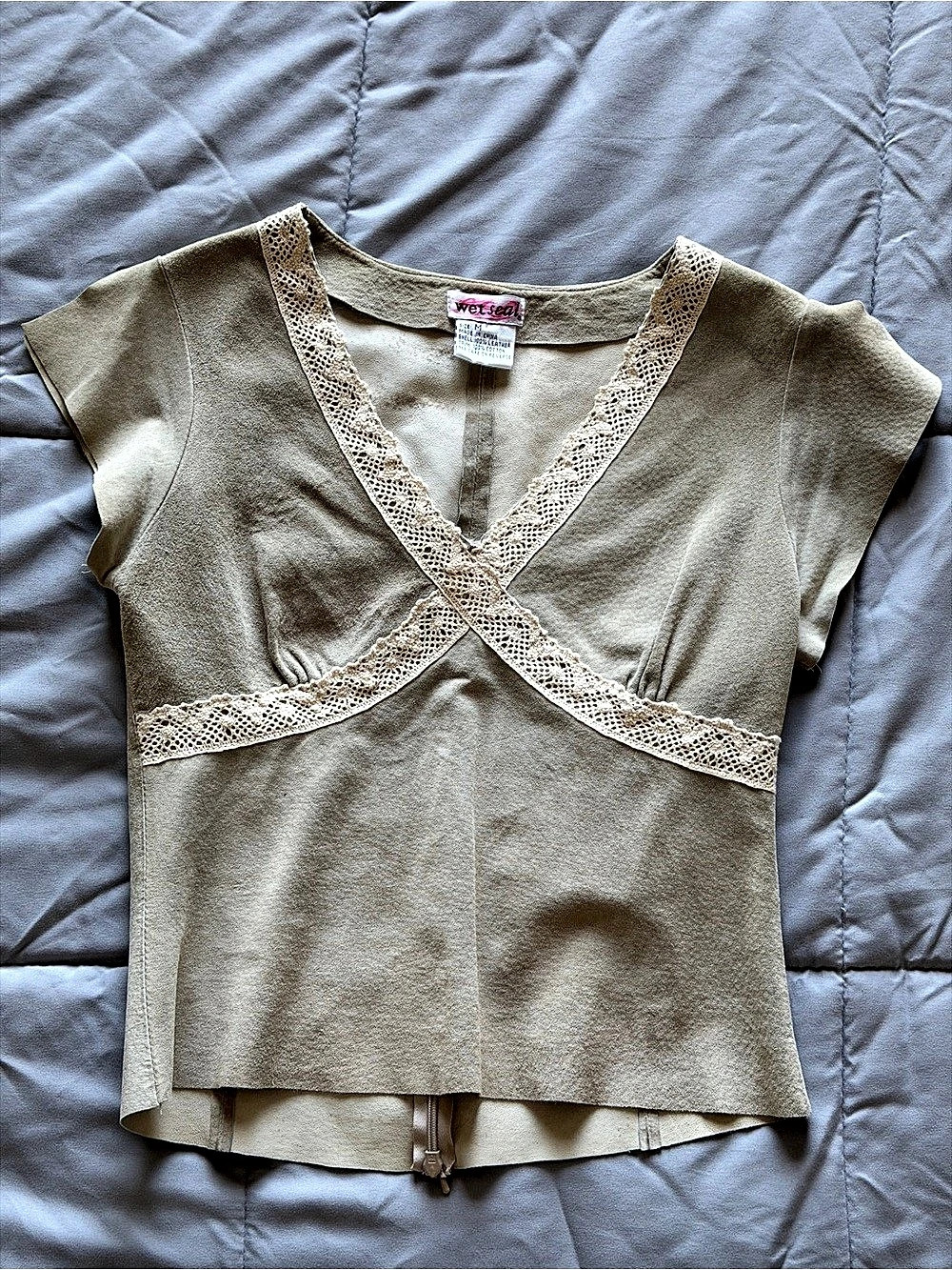Wet Seal Leather Trim V-Neck Top in Brown Size Medium